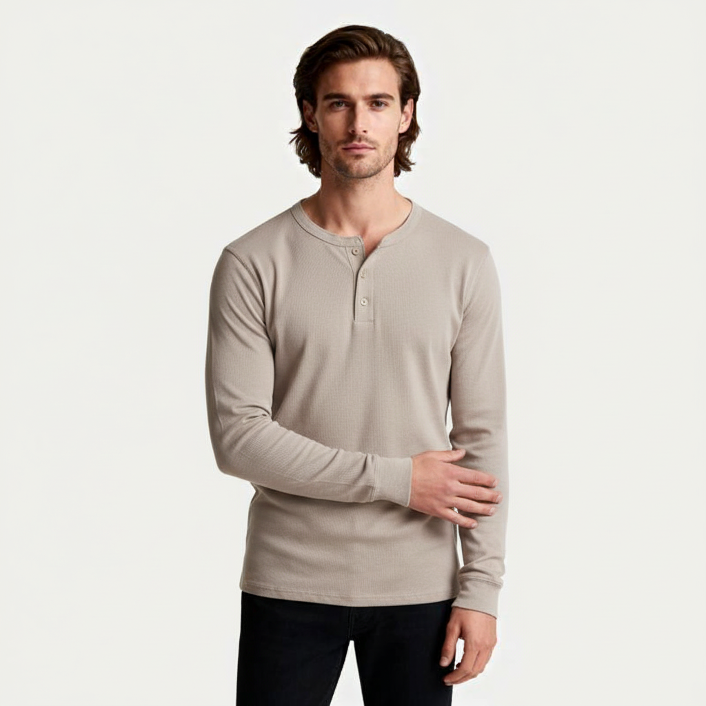 Long Sleeve Henley Shirt Button Placket Regular Fit for Men