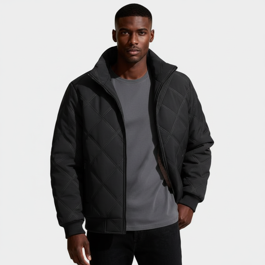 Diamond-Stitch Zip Jacket Stand Collar Regular Fit for Men