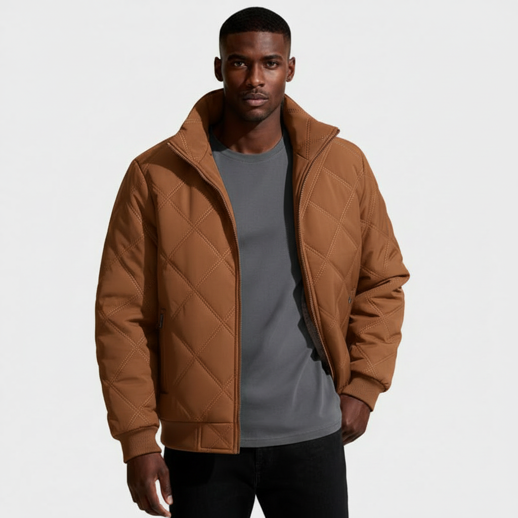 Diamond-Stitch Zip Jacket Stand Collar Regular Fit for Men