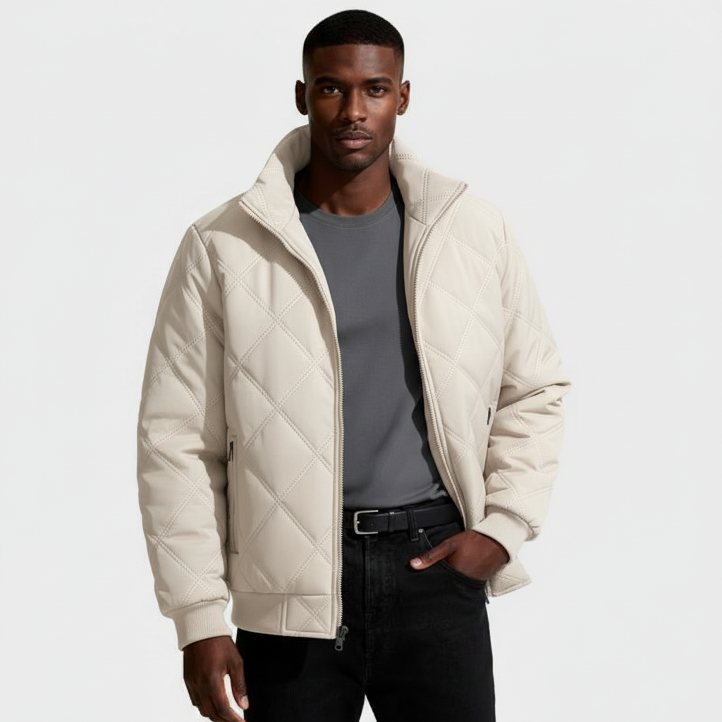 Diamond-Stitch Zip Jacket Stand Collar Regular Fit for Men