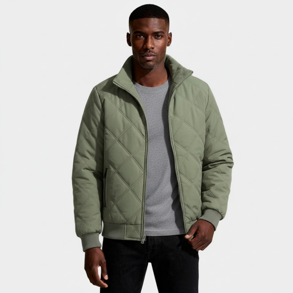 Diamond-Stitch Zip Jacket Stand Collar Regular Fit for Men