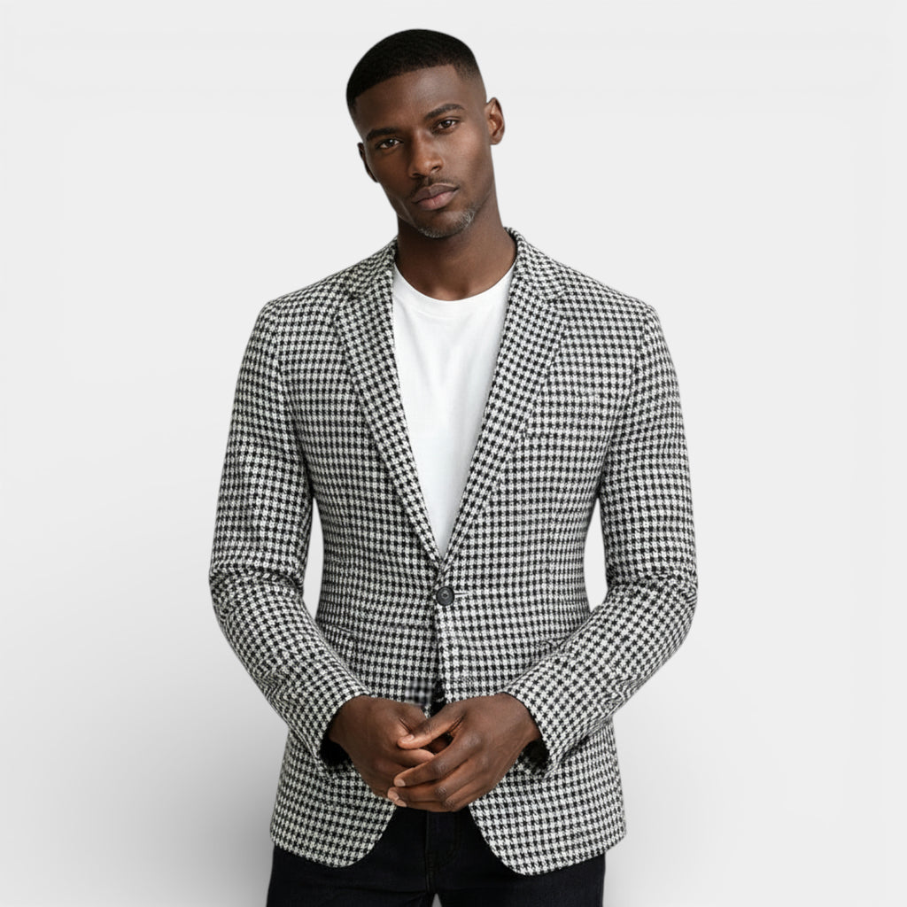 Single-Button Houndstooth Blazer Notch Lapel for Men