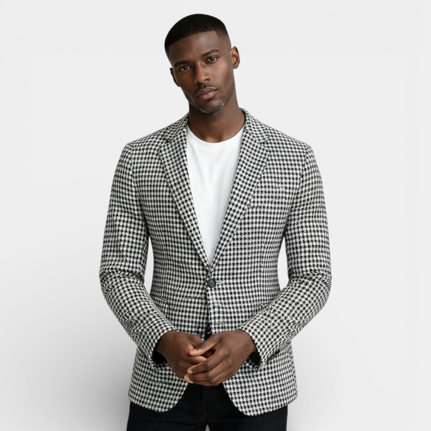 Single-Button Houndstooth Blazer Notch Lapel for Men