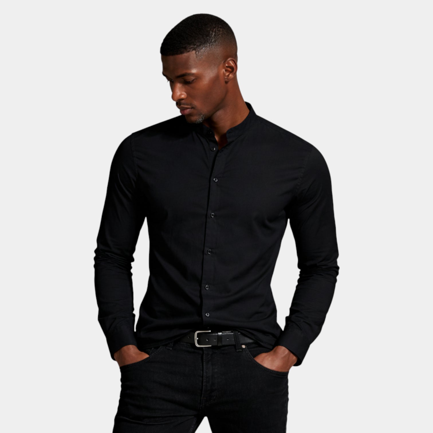 Band Collar Long Sleeve Shirt Slim Fit for Men