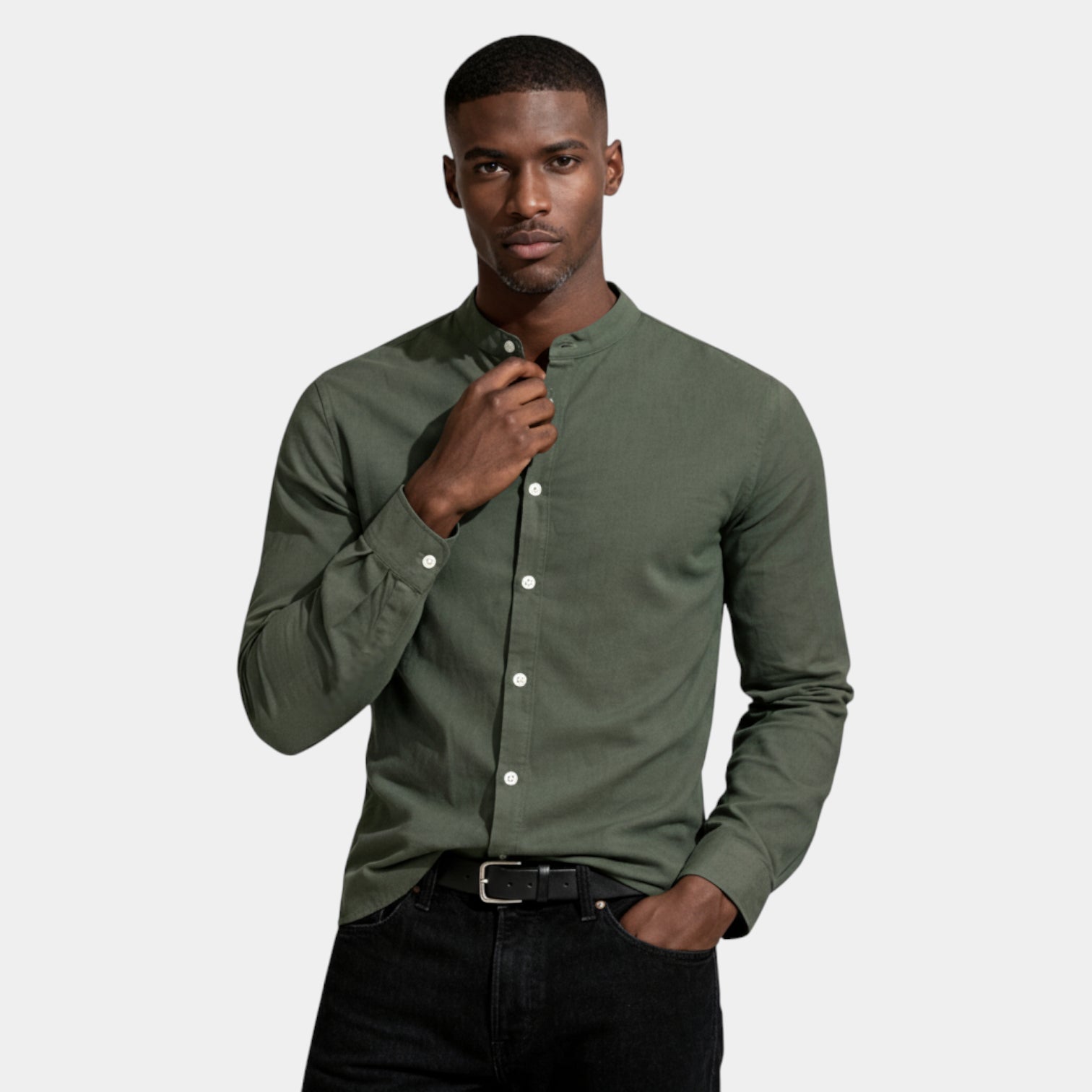 Band Collar Long Sleeve Shirt Slim Fit for Men
