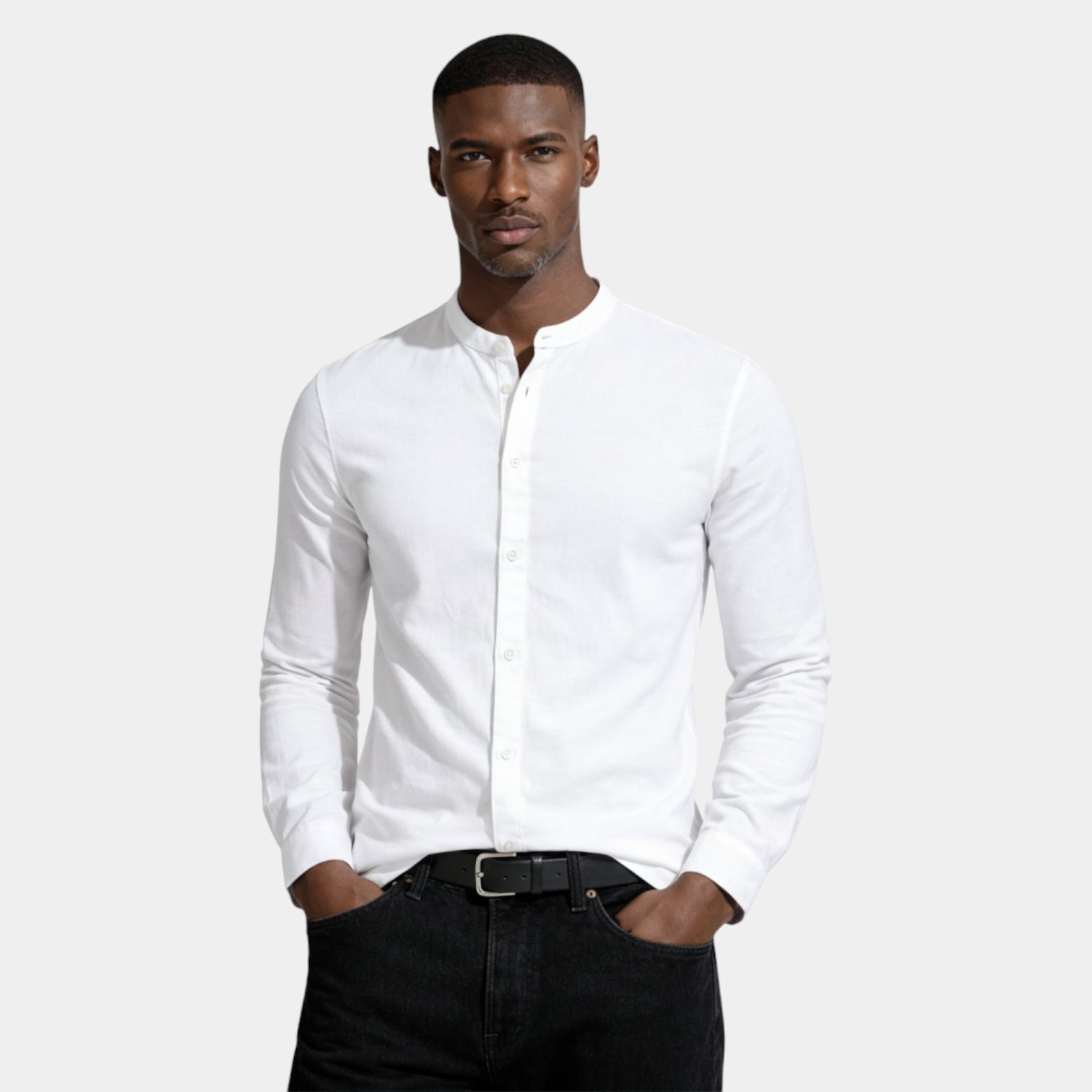 Band Collar Long Sleeve Shirt Slim Fit for Men