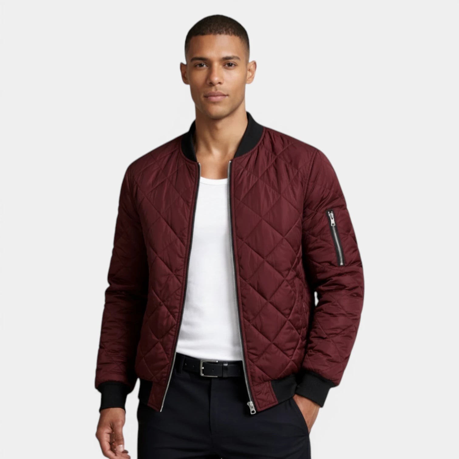Quilted Zip-Up Bomber Jacket Ribbed Regular Fit for Men