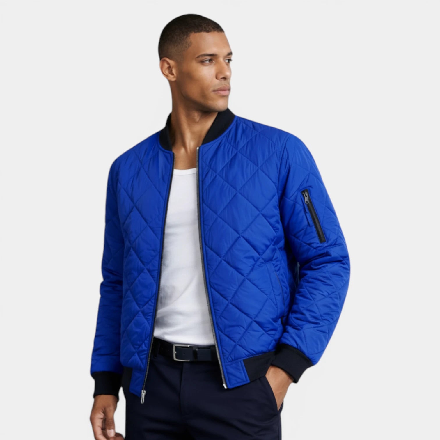 Quilted Zip-Up Bomber Jacket Ribbed Regular Fit for Men