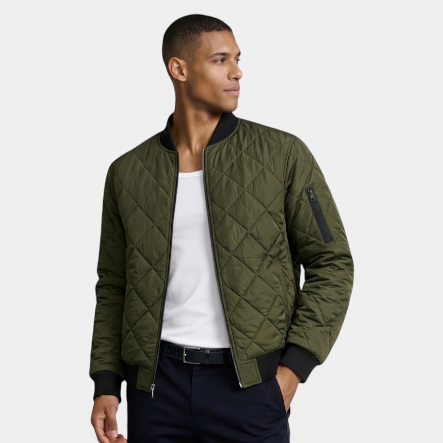 Quilted Zip-Up Bomber Jacket Ribbed Regular Fit for Men