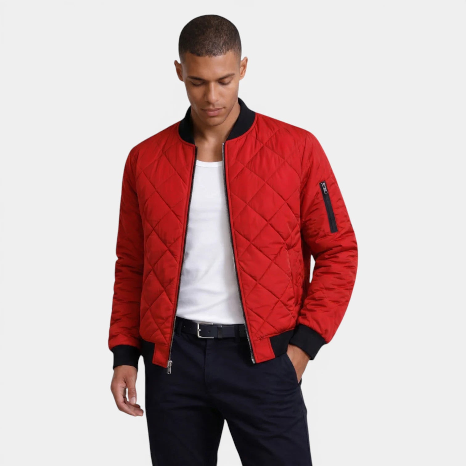 Quilted Zip-Up Bomber Jacket Ribbed Regular Fit for Men