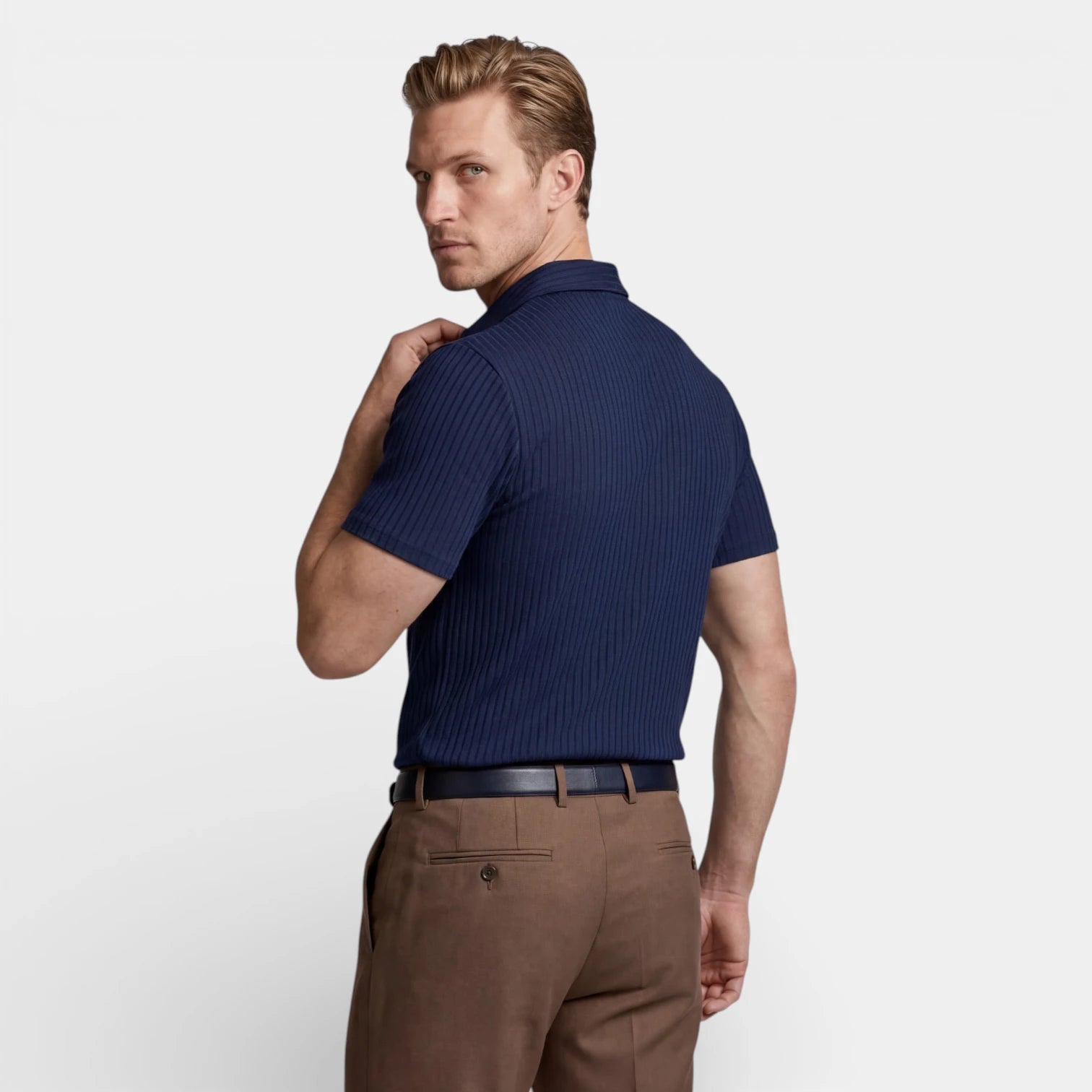 Ribbed Knit Zip Polo Shirt Short Sleeve Regular Fit for Men