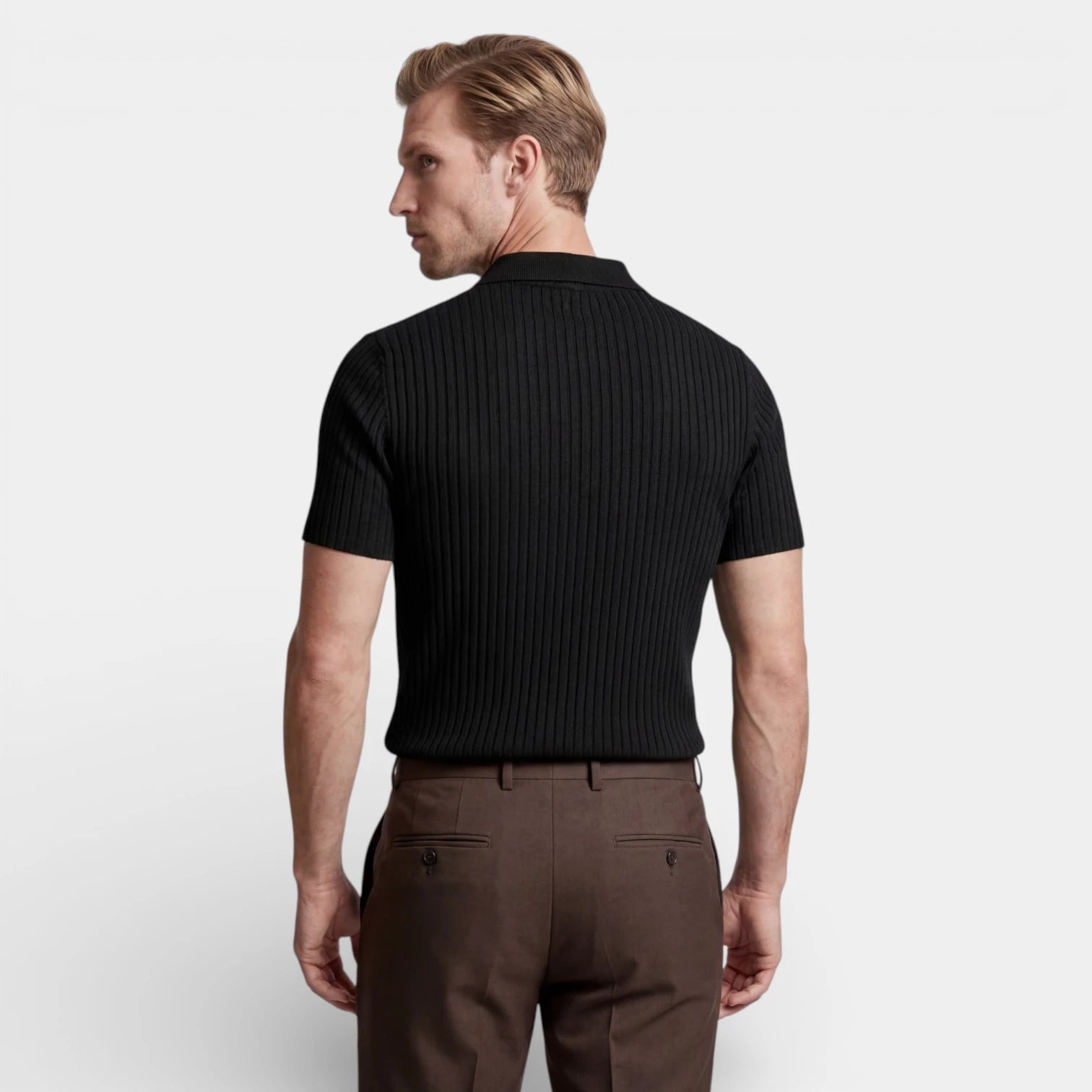 Ribbed Knit Zip Polo Shirt Short Sleeve Regular Fit for Men