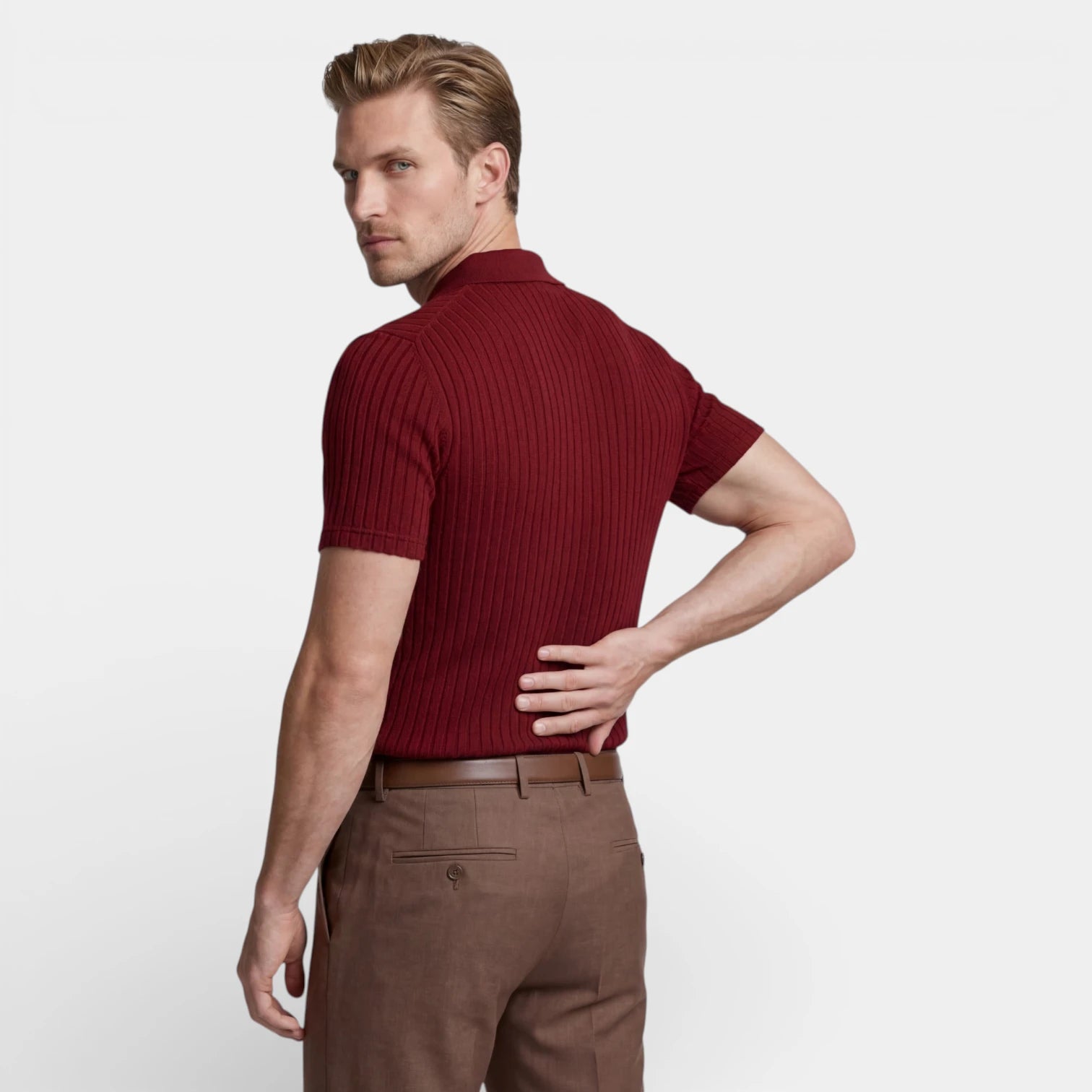 Ribbed Knit Zip Polo Shirt Short Sleeve Regular Fit for Men