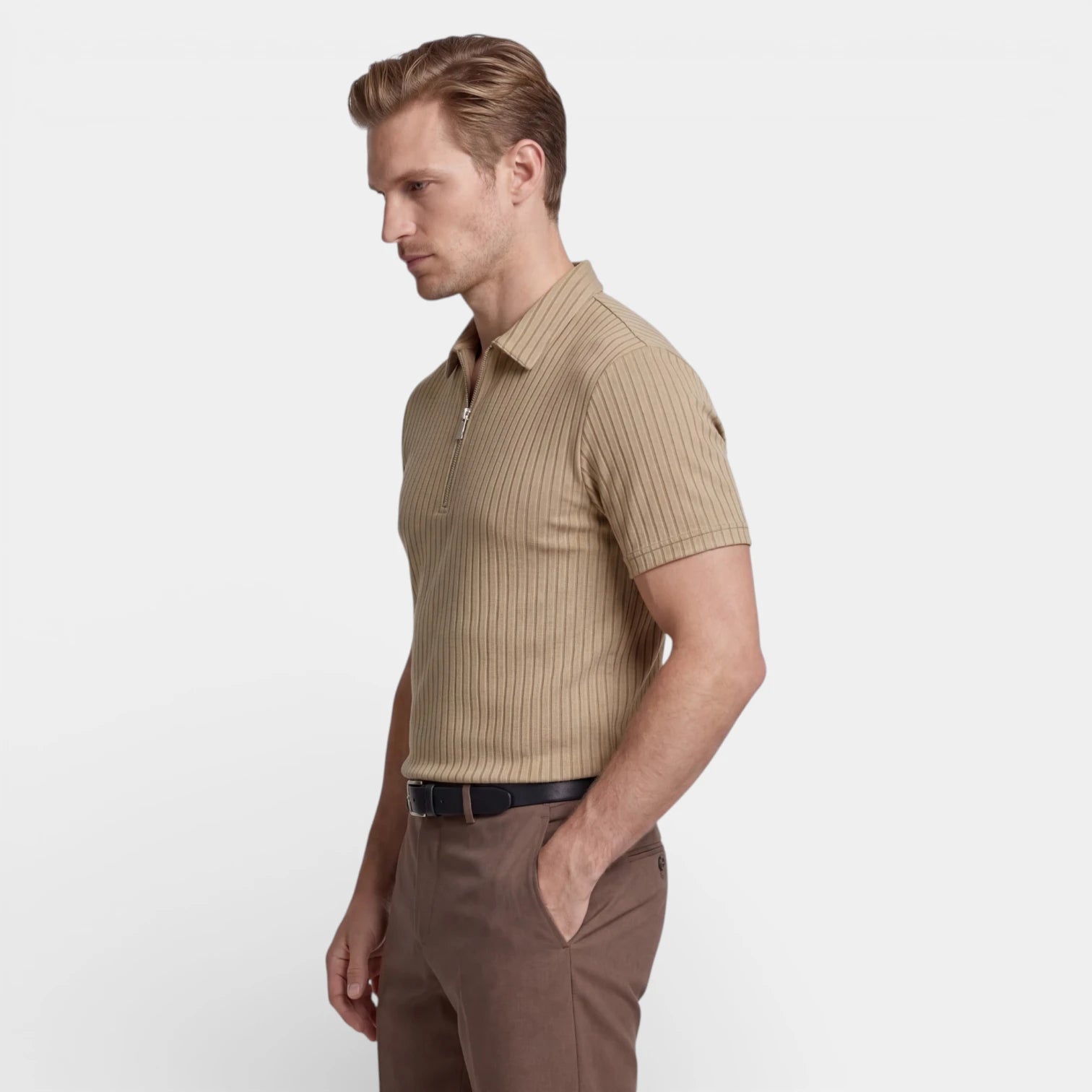 Ribbed Knit Zip Polo Shirt Short Sleeve Regular Fit for Men