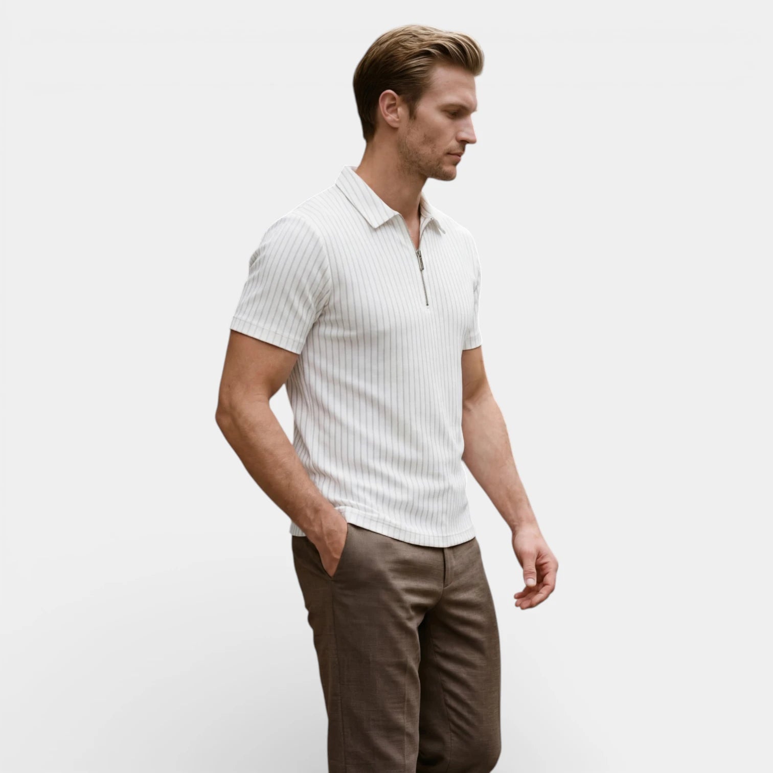 Ribbed Knit Zip Polo Shirt Short Sleeve Regular Fit for Men