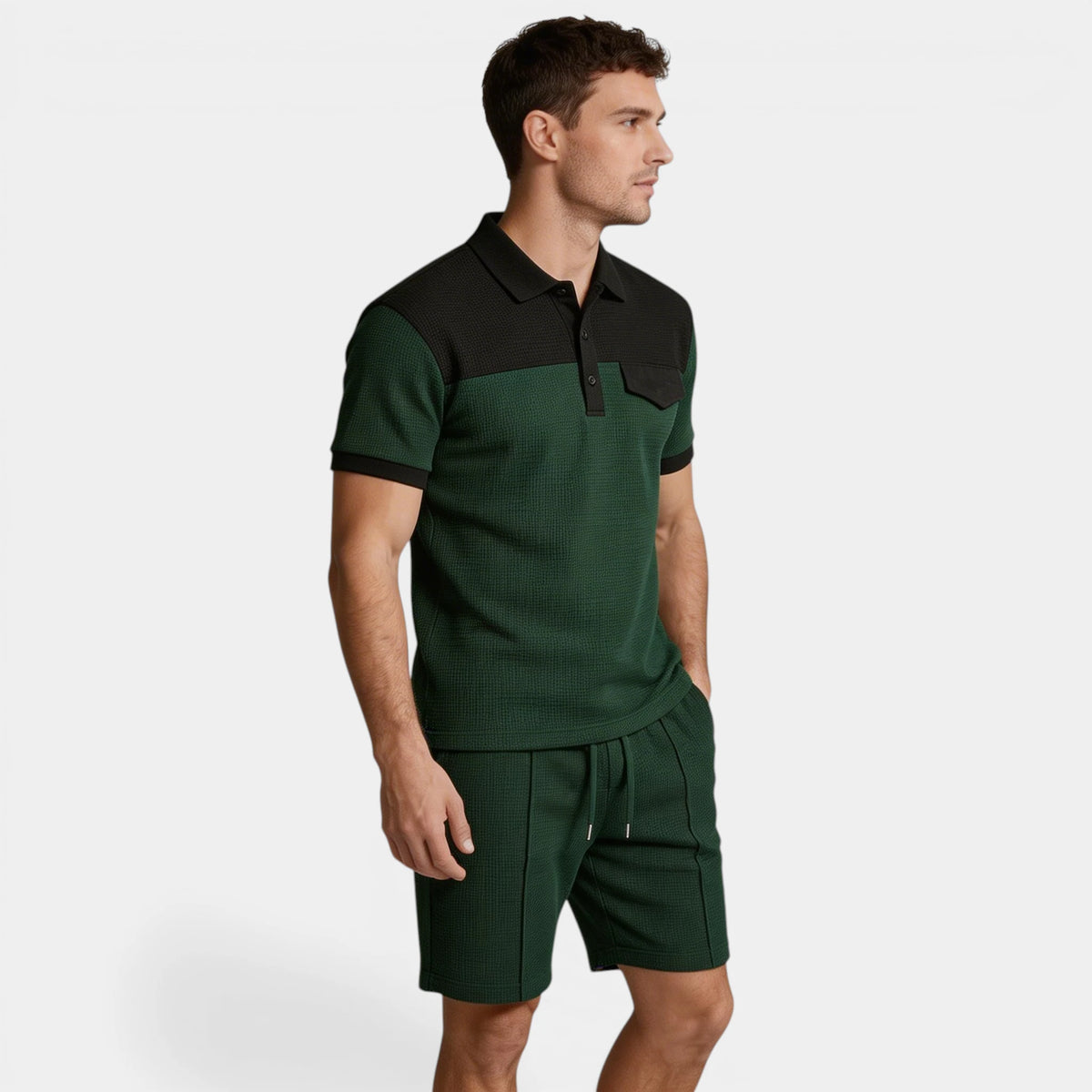 Waffle Texture Polo Shirt Shorts Set Regular Fit for Men