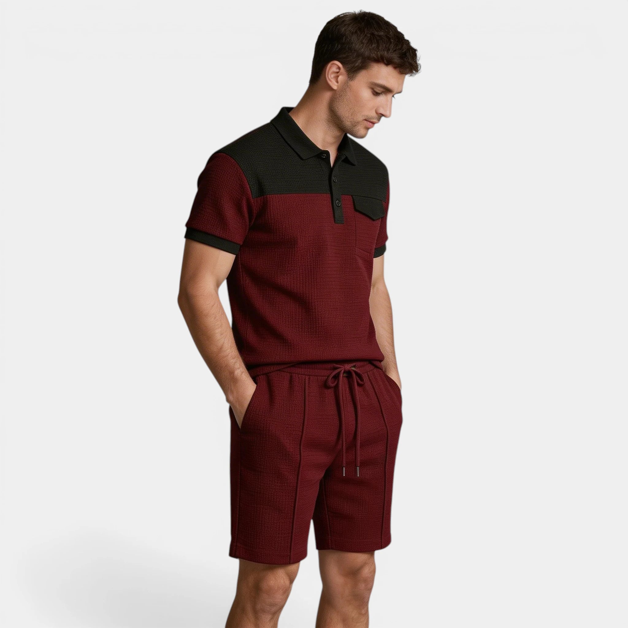 Waffle Texture Polo Shirt Shorts Set Regular Fit for Men