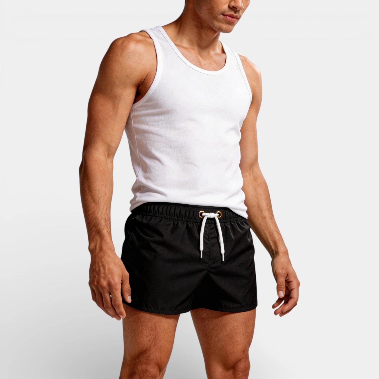 Solid Swim Shorts Elastic Drawstring Waist for Men