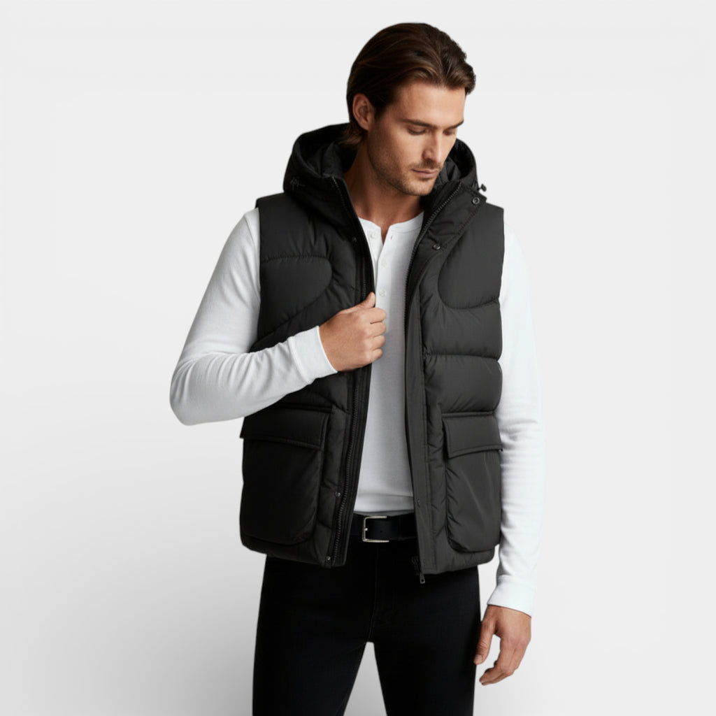 Snap-Front Hooded Quilted Vest Patch Pockets for Men