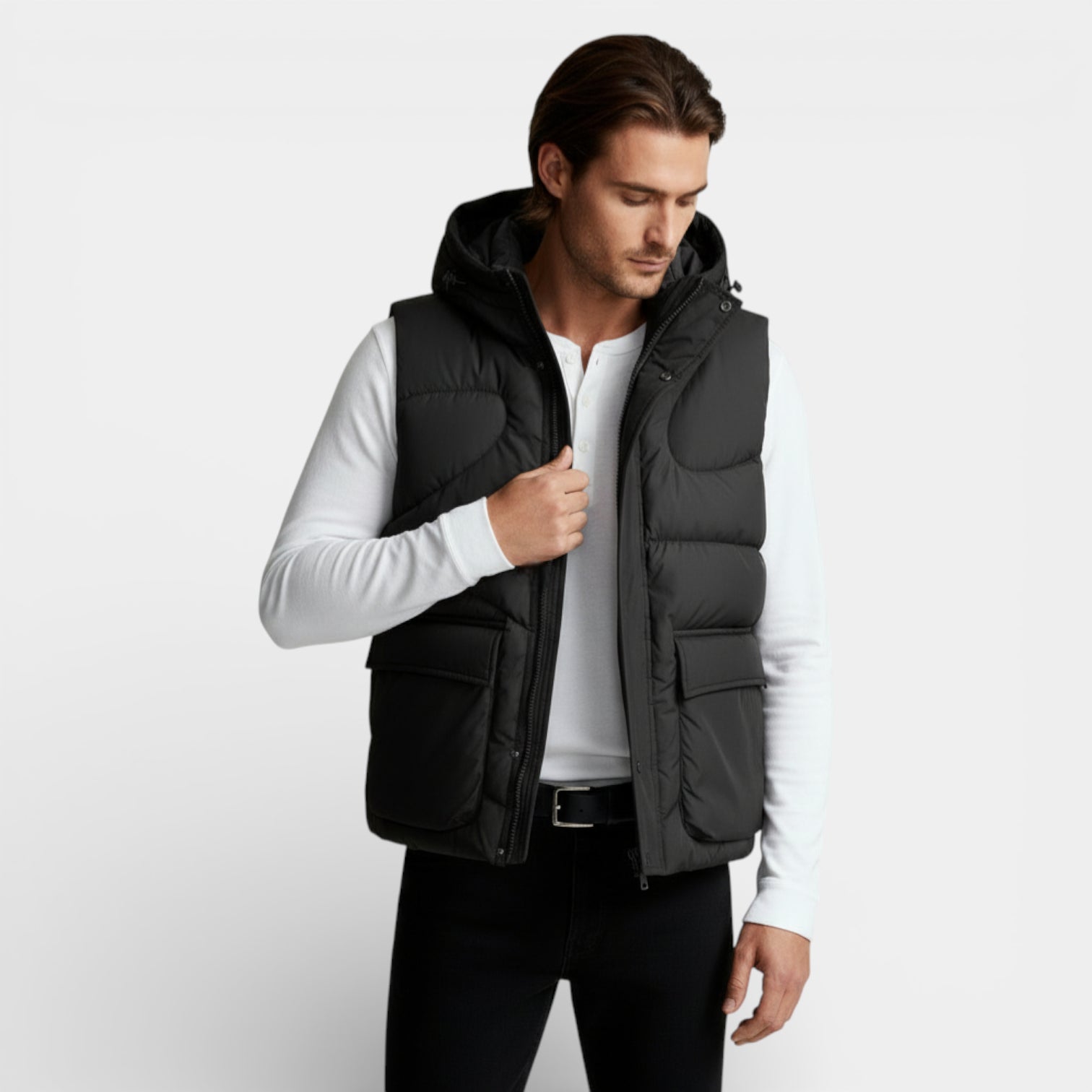 Snap-Front Hooded Quilted Vest Patch Pockets for Men