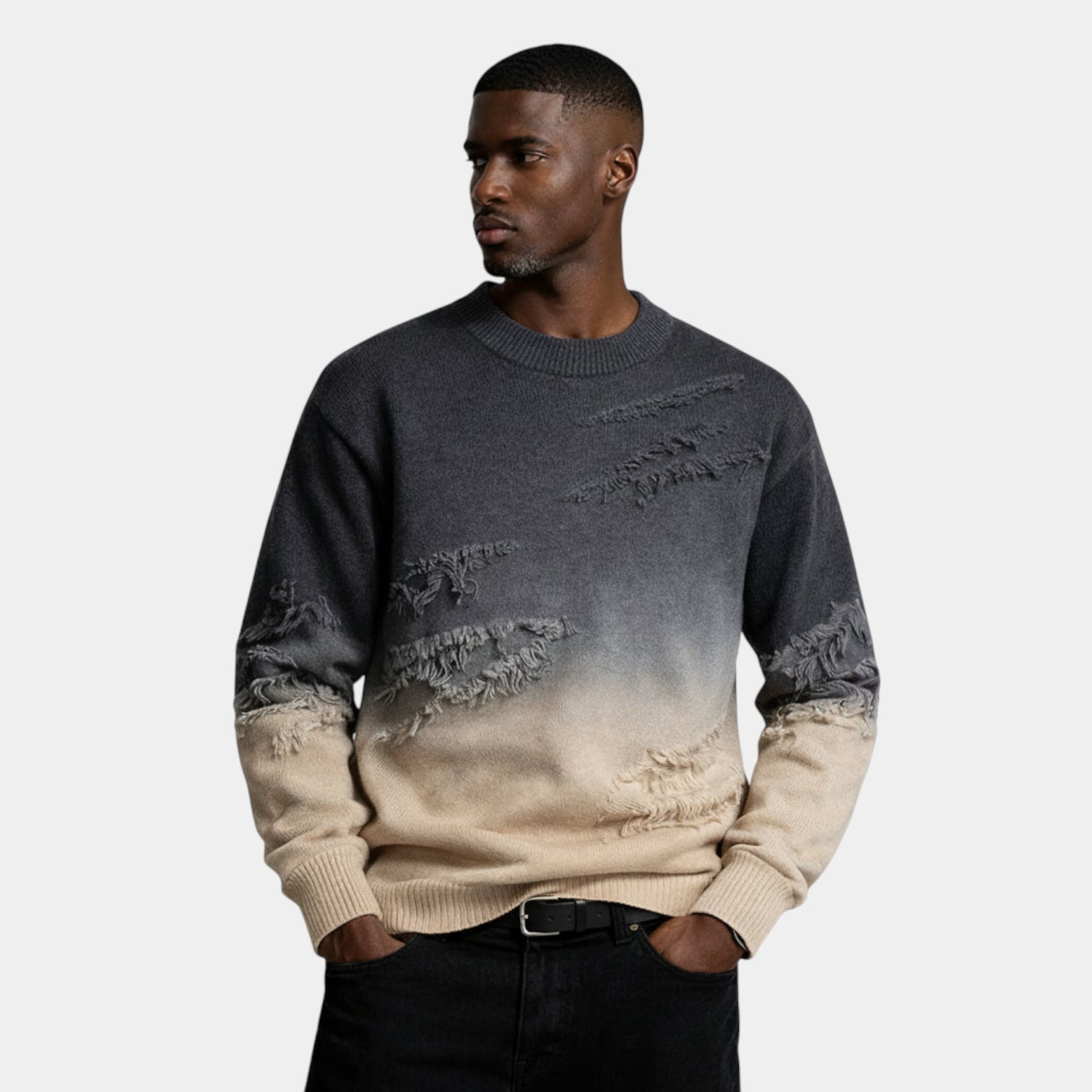 Distressed Ombre Crewneck Knit Sweater Regular Fit for Men