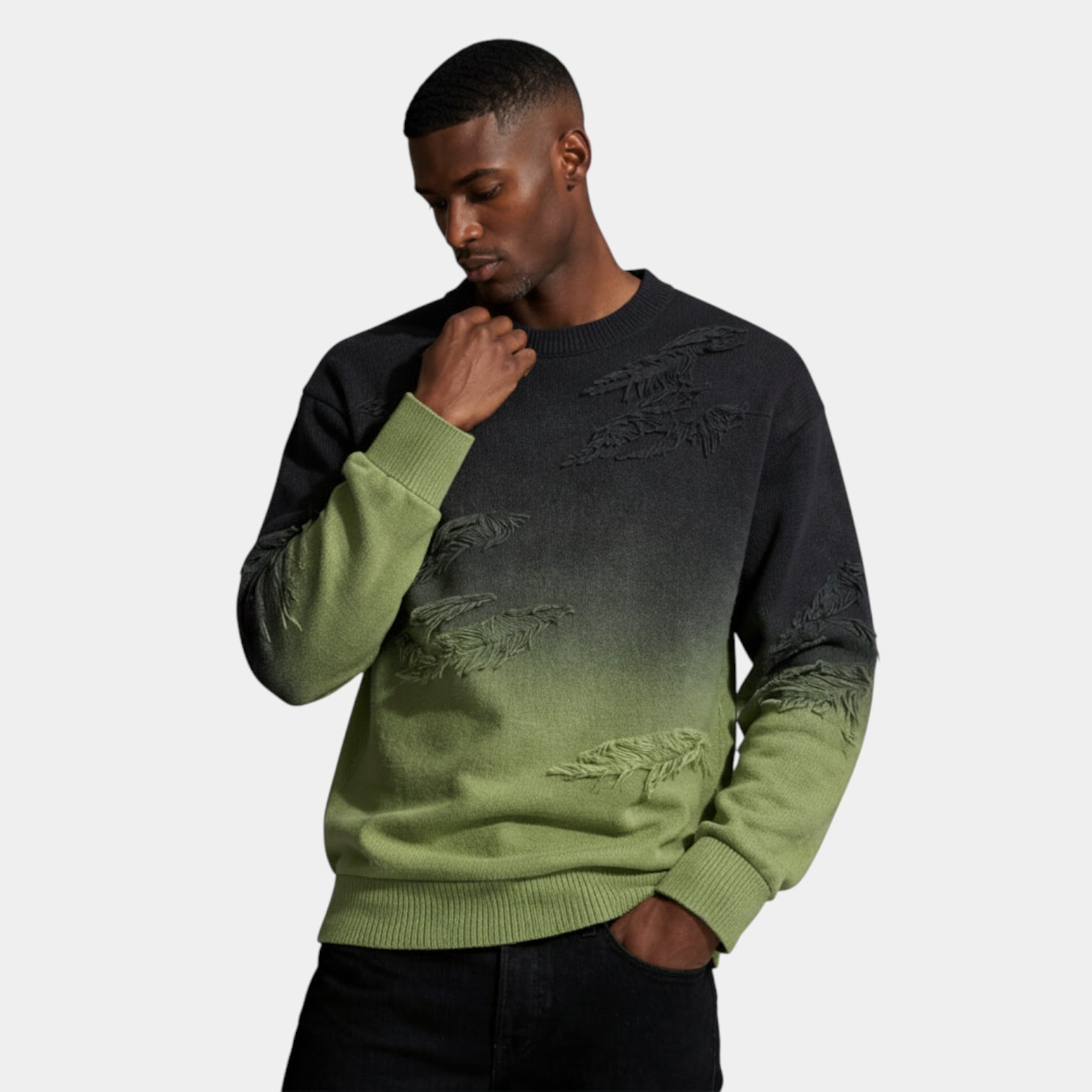 Distressed Ombre Crewneck Knit Sweater Regular Fit for Men