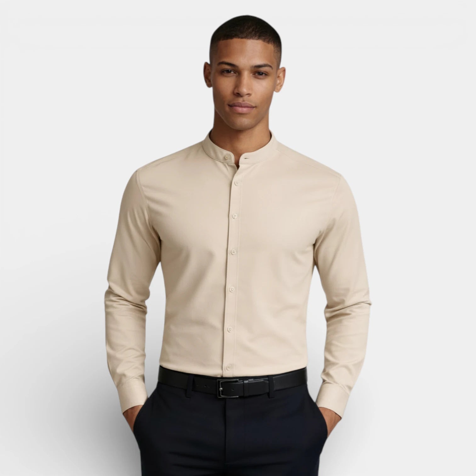 Band Collar Button-Up Shirt Long Sleeve for Men