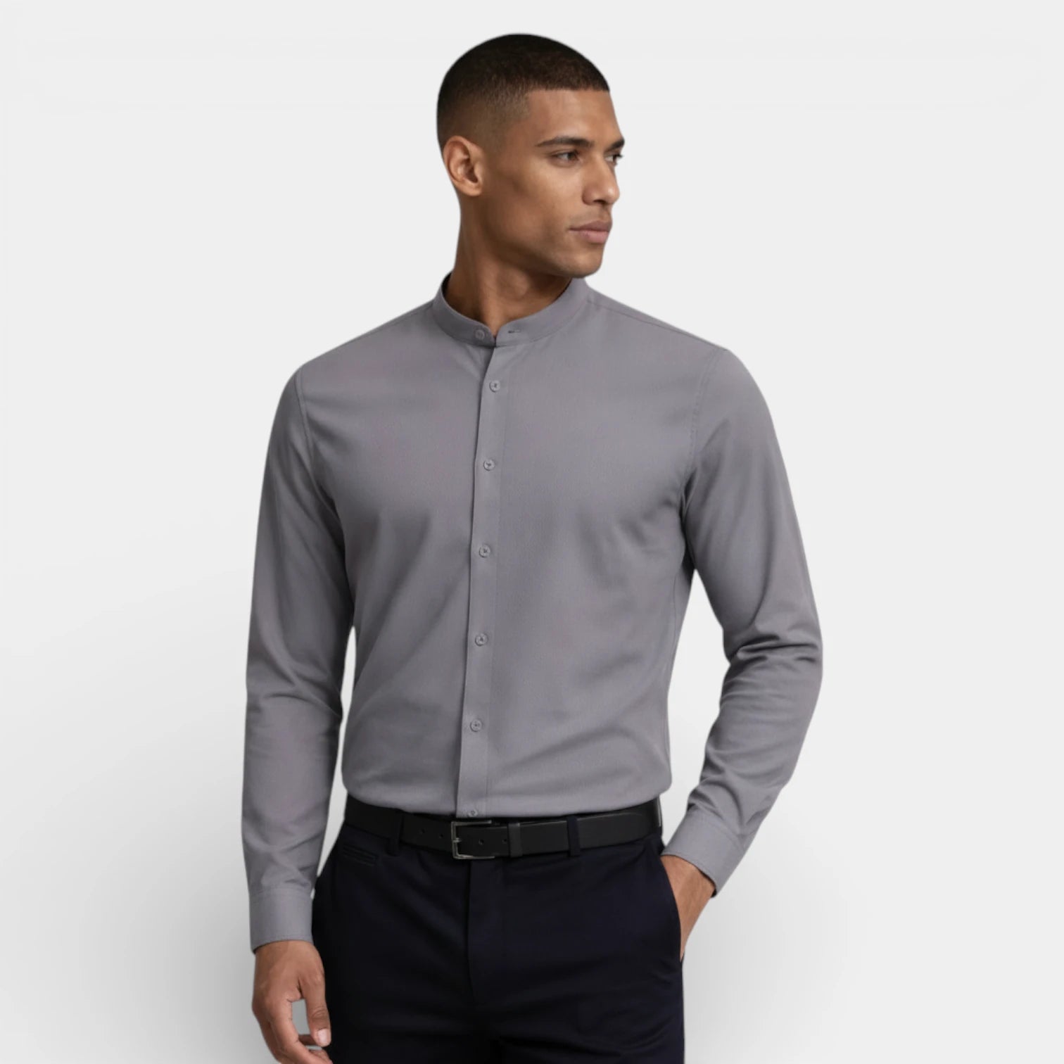 Band Collar Button-Up Shirt Long Sleeve for Men