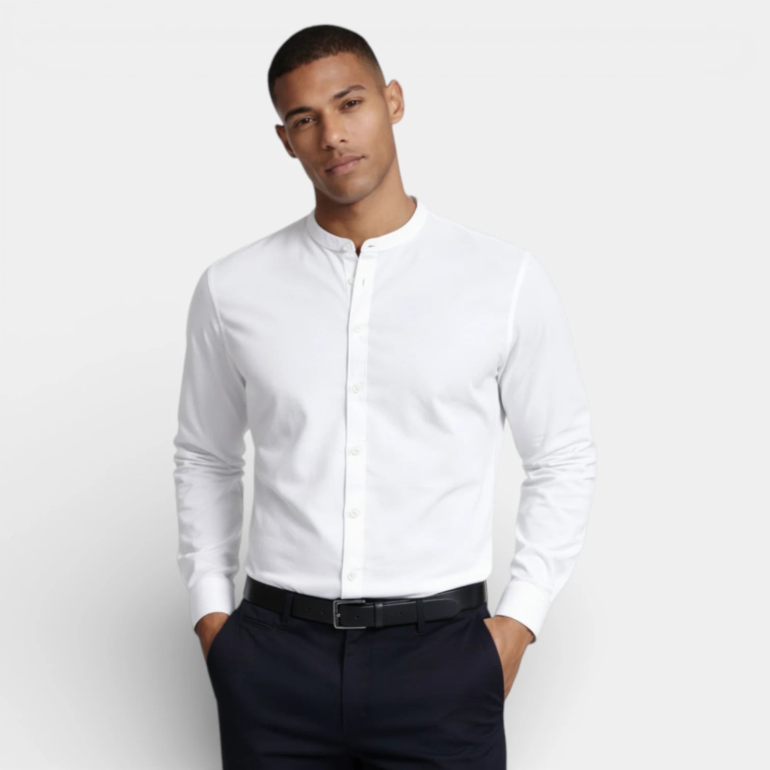Band Collar Button-Up Shirt Long Sleeve for Men