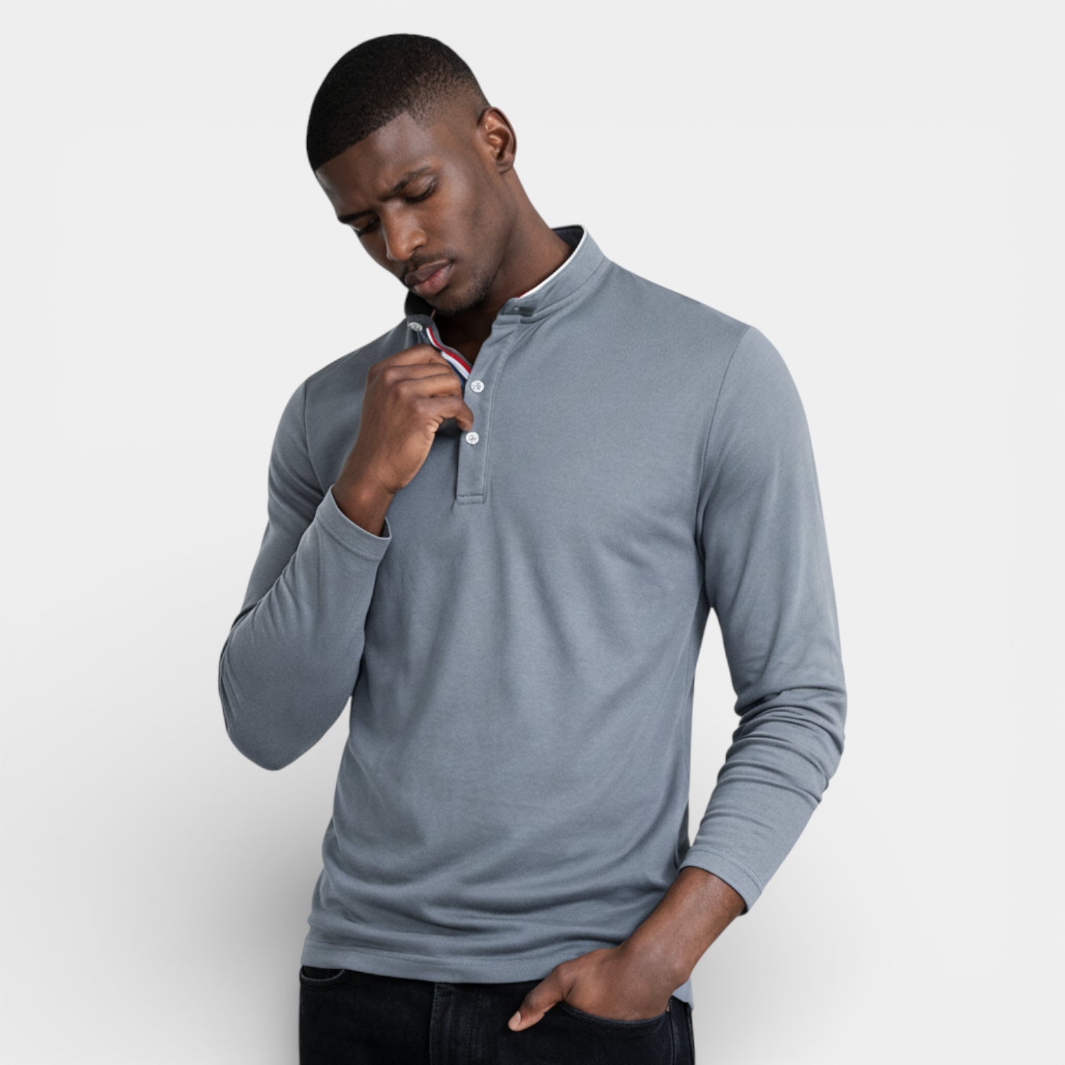 Long Sleeve Henley Shirt Band Collar Regular Fit for Men