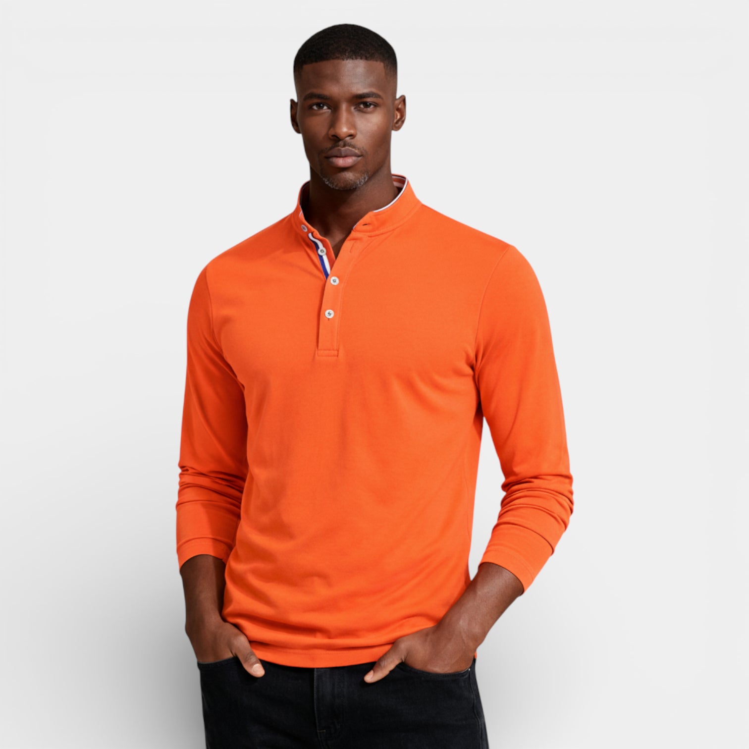 Long Sleeve Henley Shirt Band Collar Regular Fit for Men