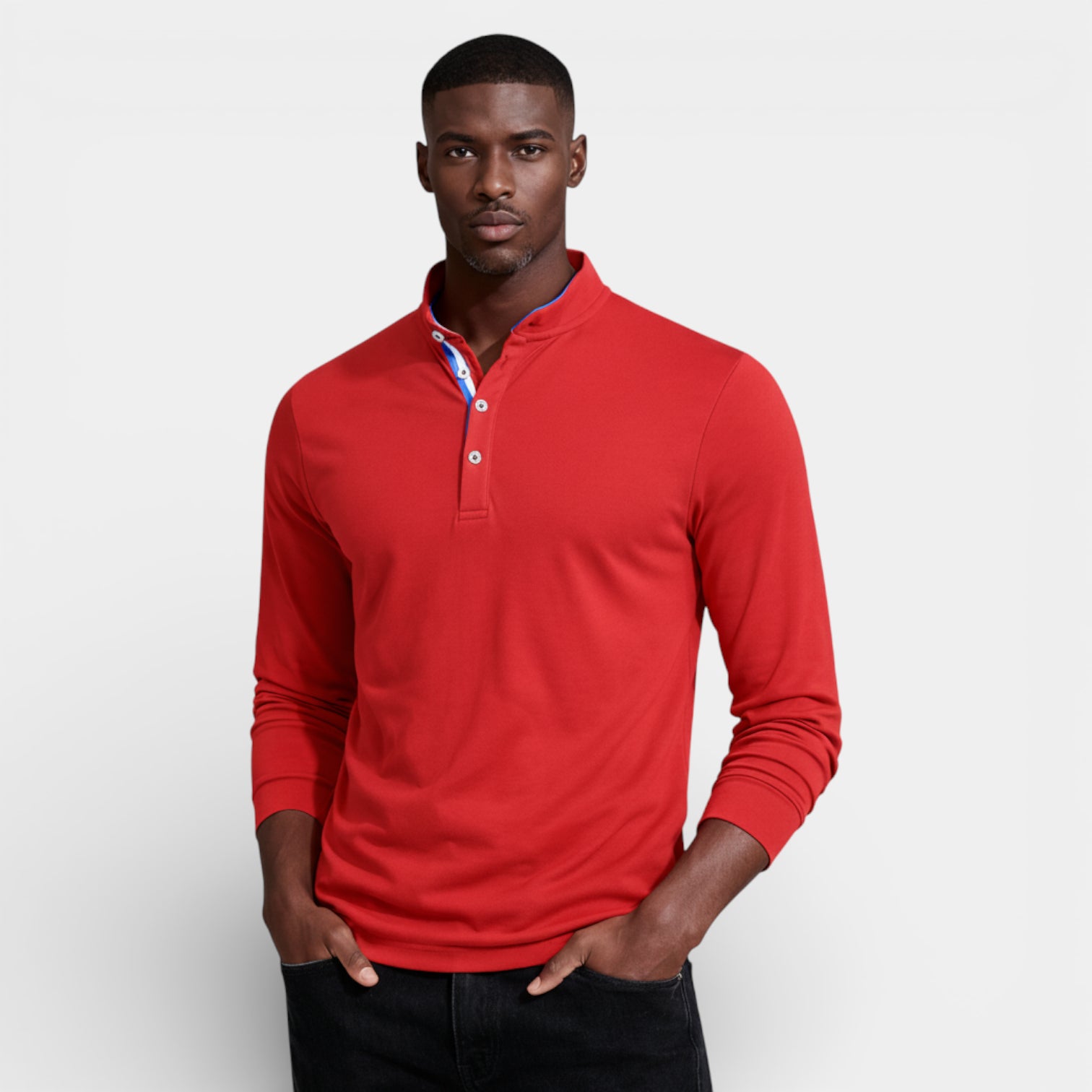 Long Sleeve Henley Shirt Band Collar Regular Fit for Men