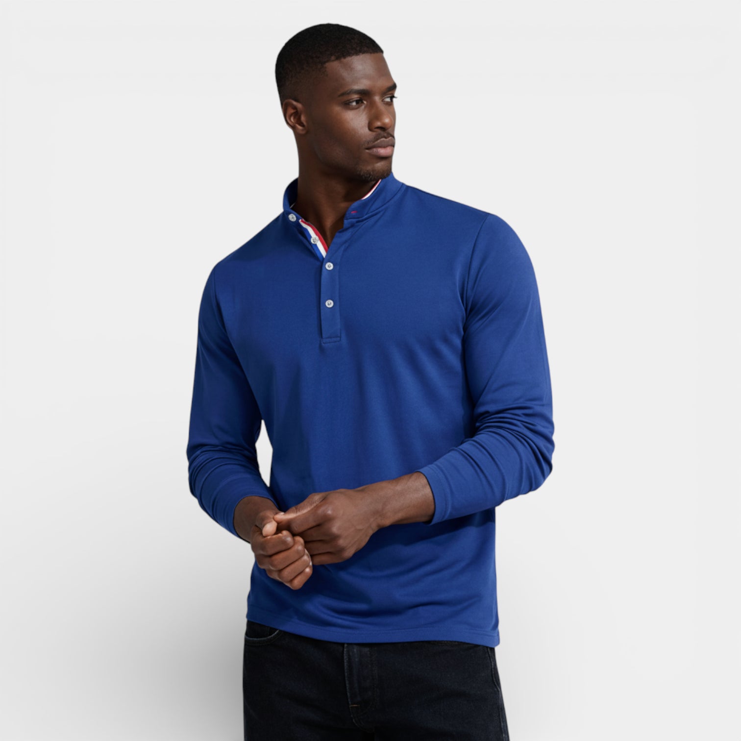 Long Sleeve Henley Shirt Band Collar Regular Fit for Men