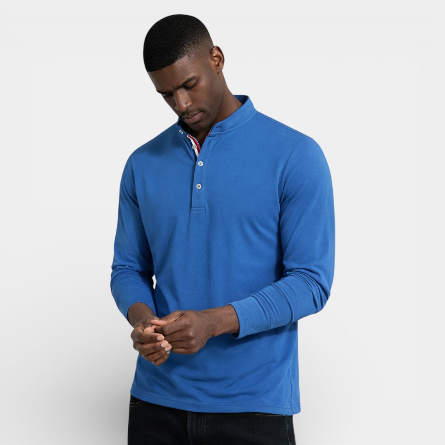 Long Sleeve Henley Shirt Band Collar Regular Fit for Men