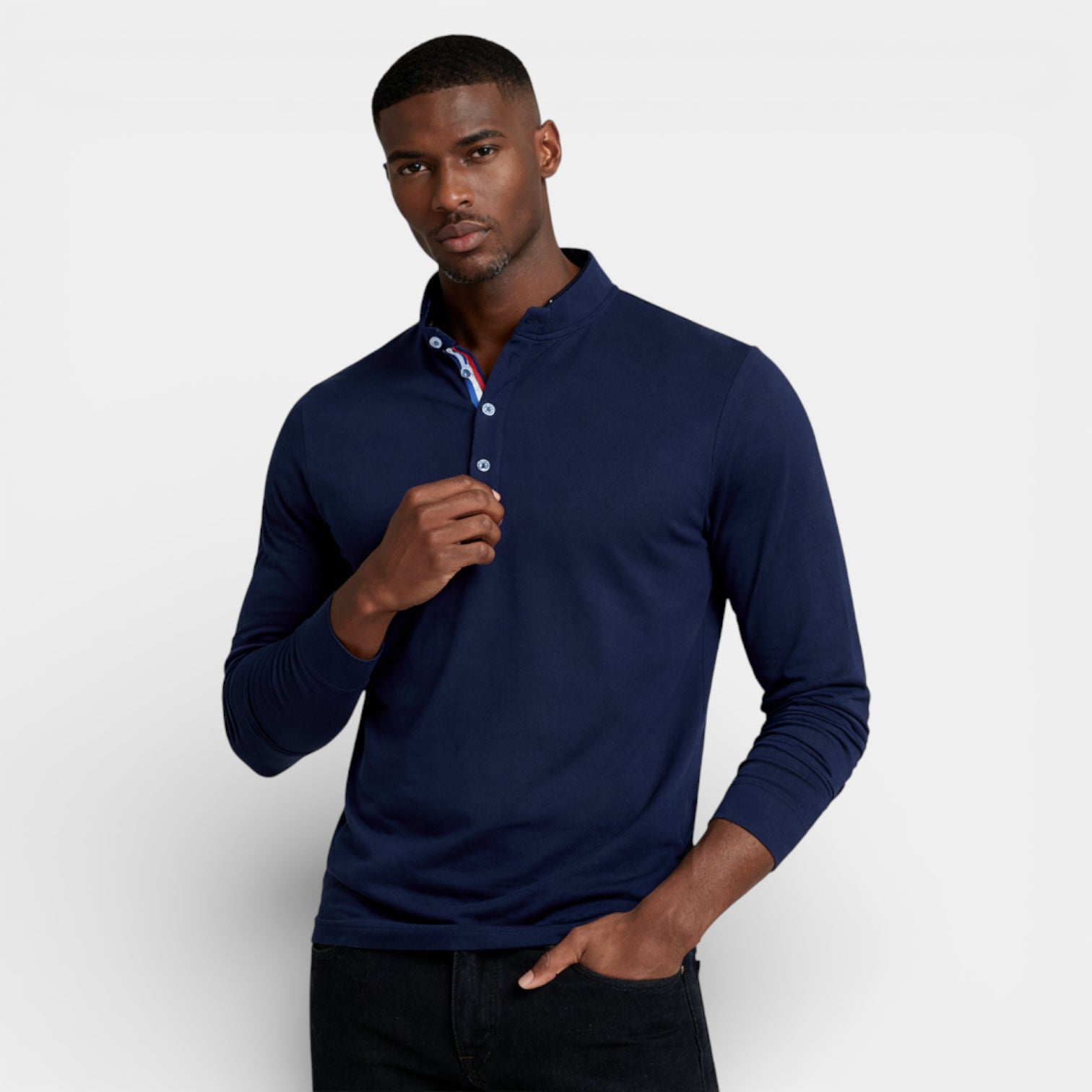 Long Sleeve Henley Shirt Band Collar Regular Fit for Men