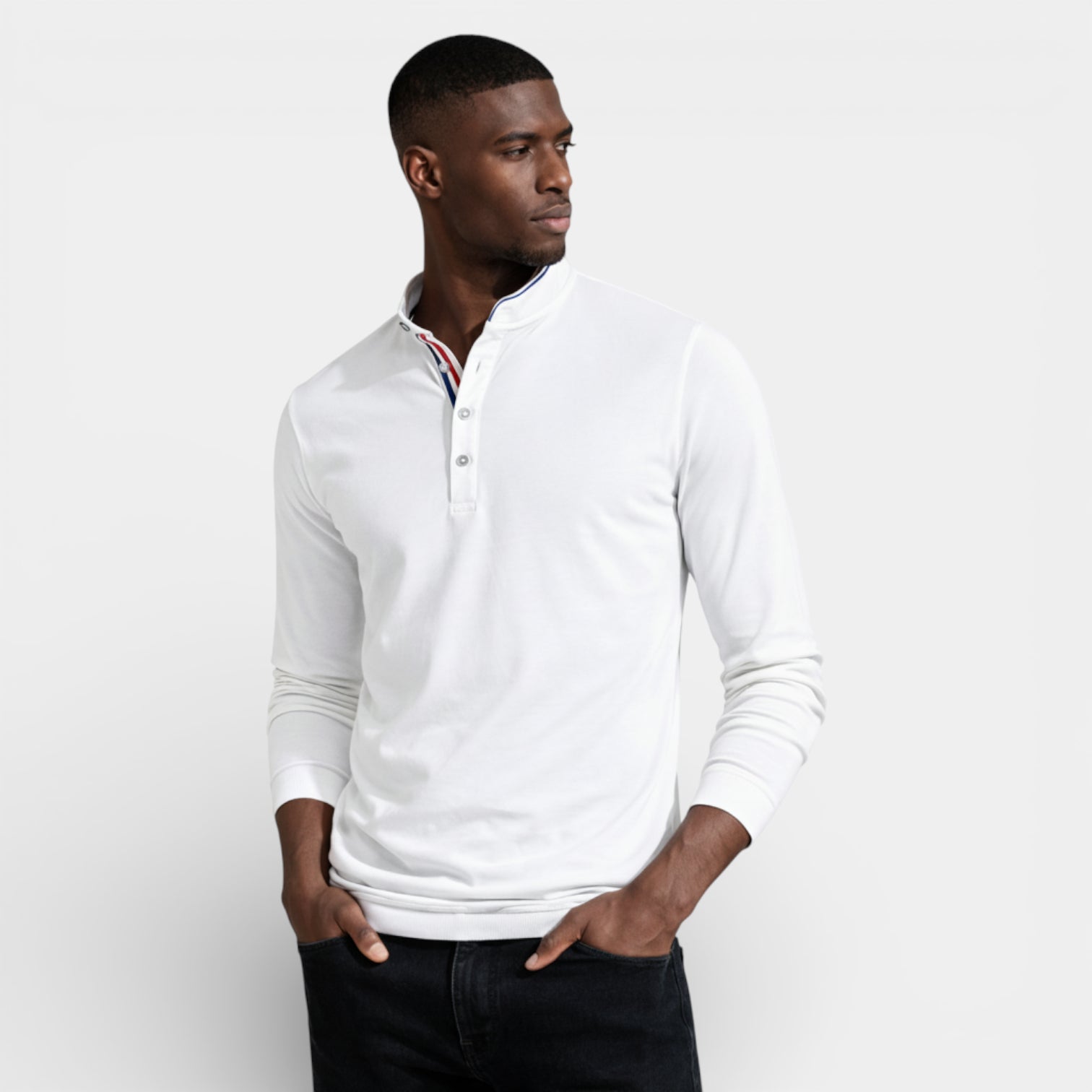 Long Sleeve Henley Shirt Band Collar Regular Fit for Men