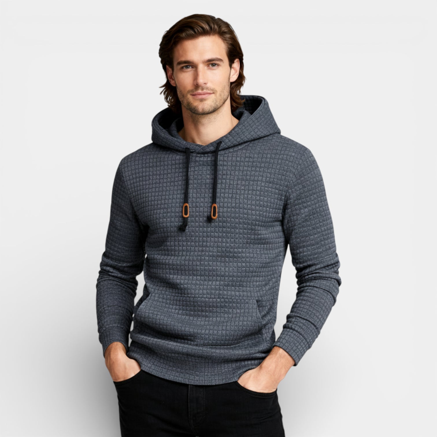 Waffle Texture Hooded Pullover Sweatshirt Regular Fit for Men