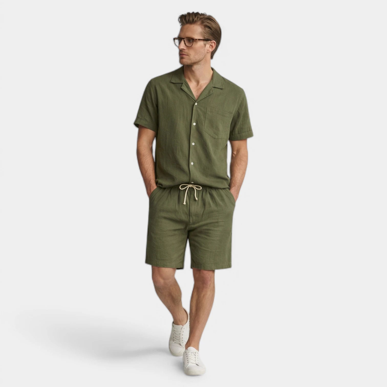 Short Sleeve Button-Up Shirt Drawstring Shorts Set for Men