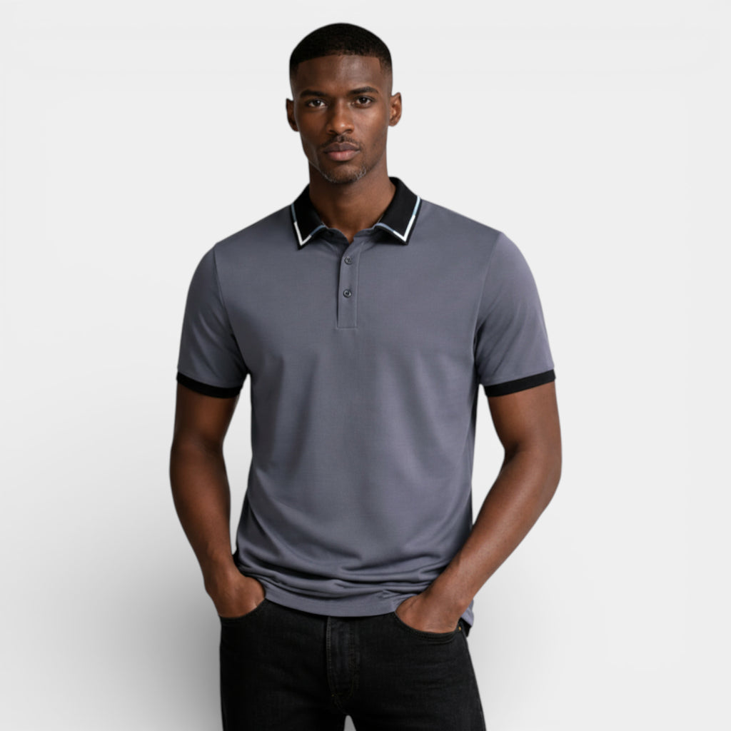 Short Sleeve Polo Shirt Contrast Trim Button-Up for Men