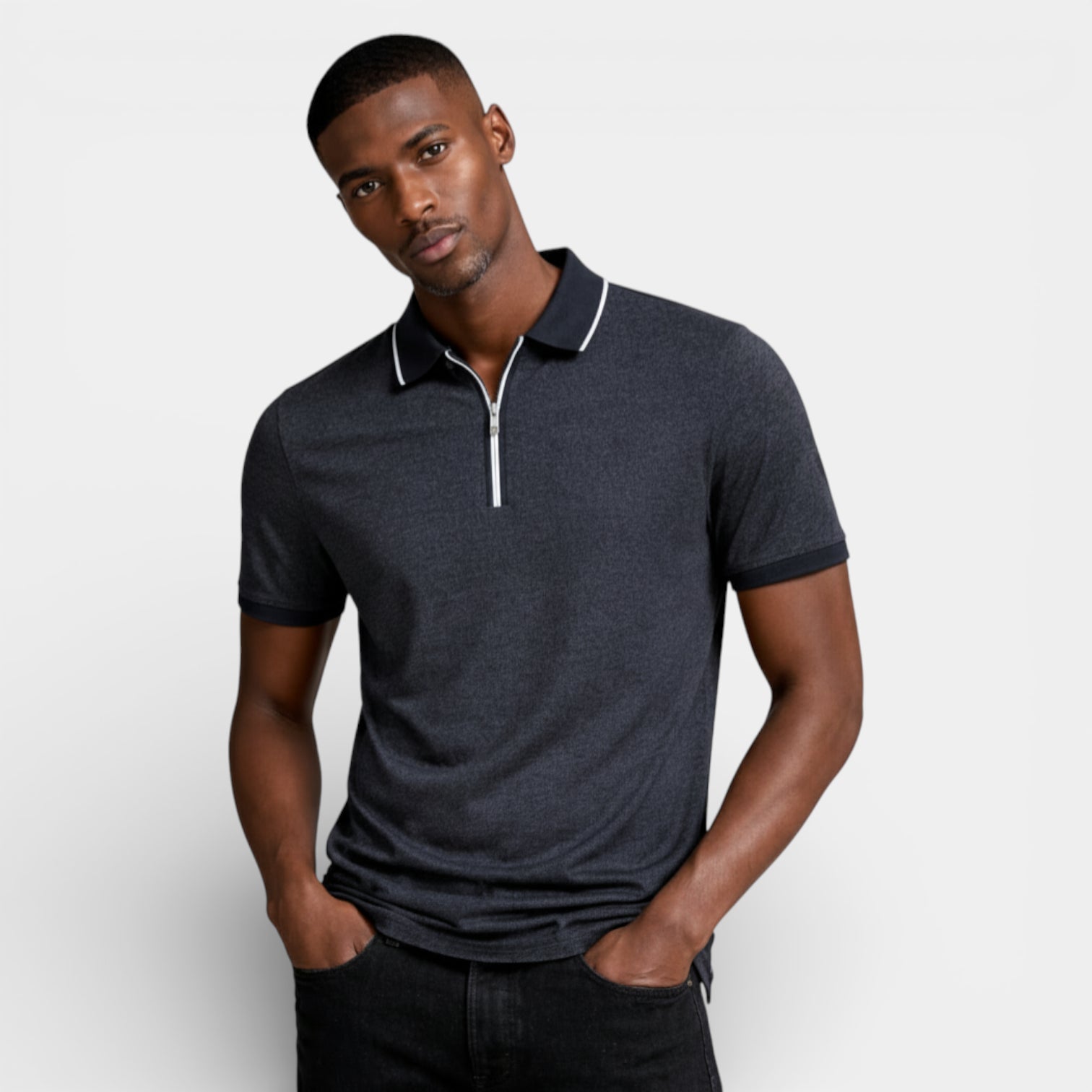 Short Sleeve Zip-Up Polo Shirt Regular Fit for Men