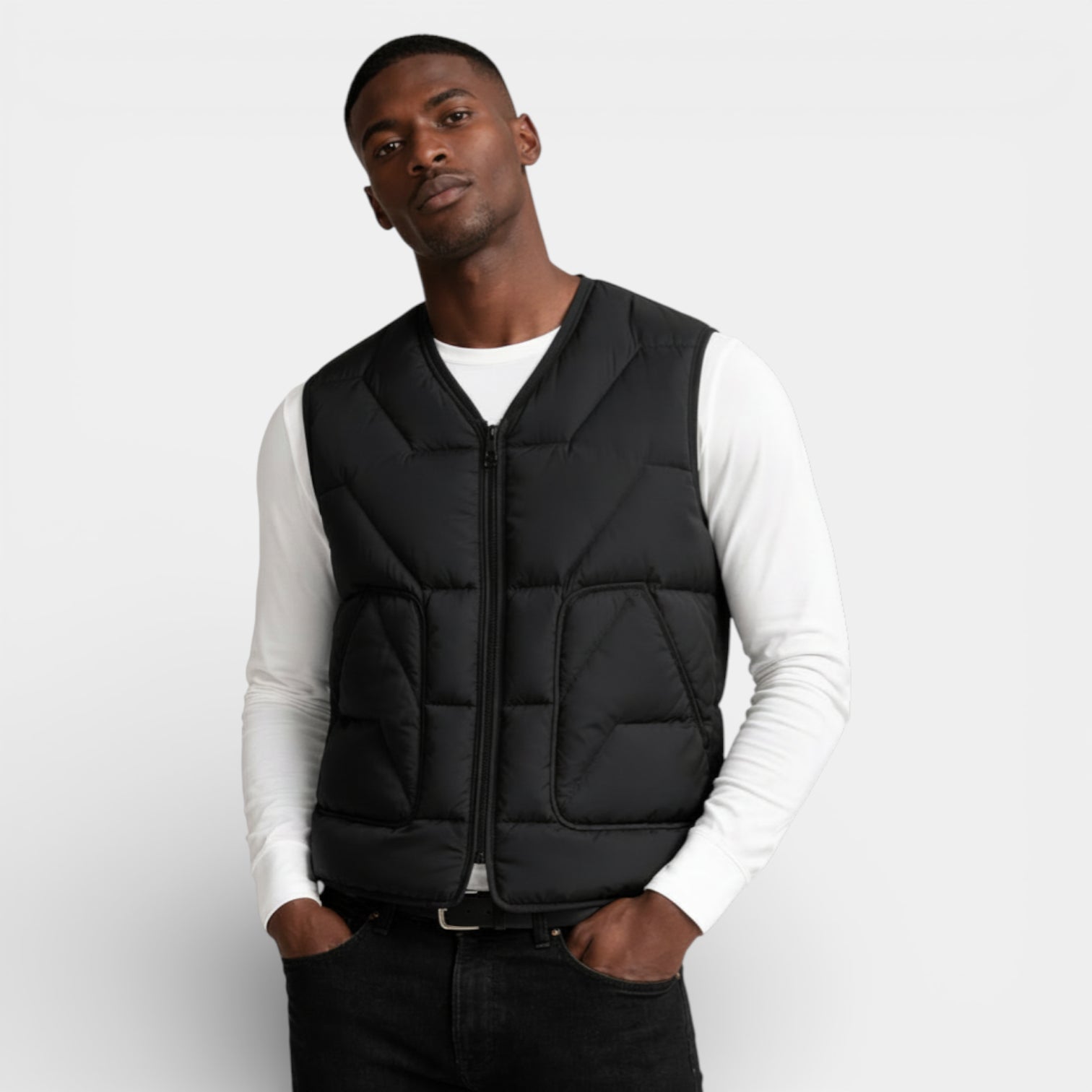 Quilted Zip-Up Puffer Vest V-Neck for Men