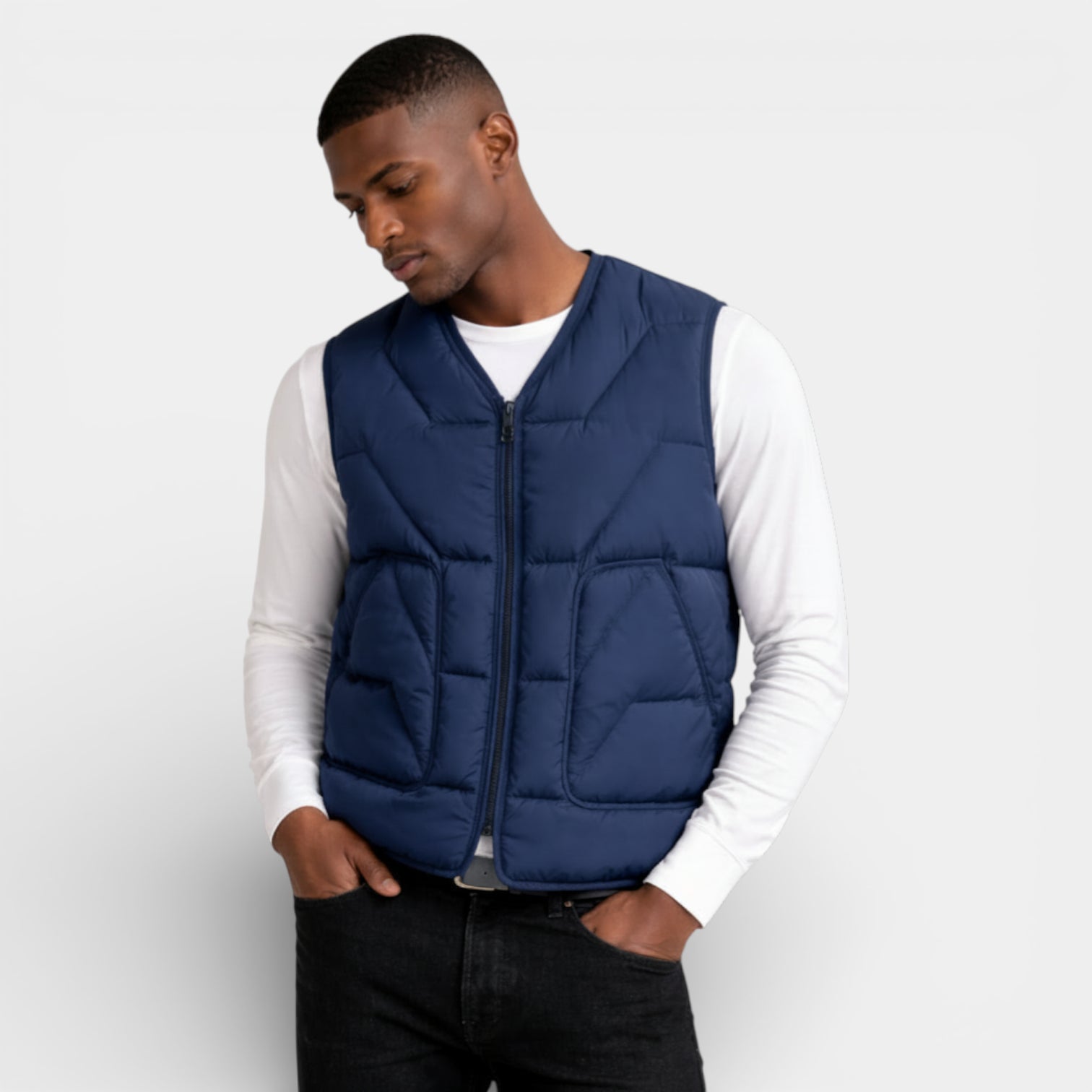 Quilted Zip-Up Puffer Vest V-Neck for Men