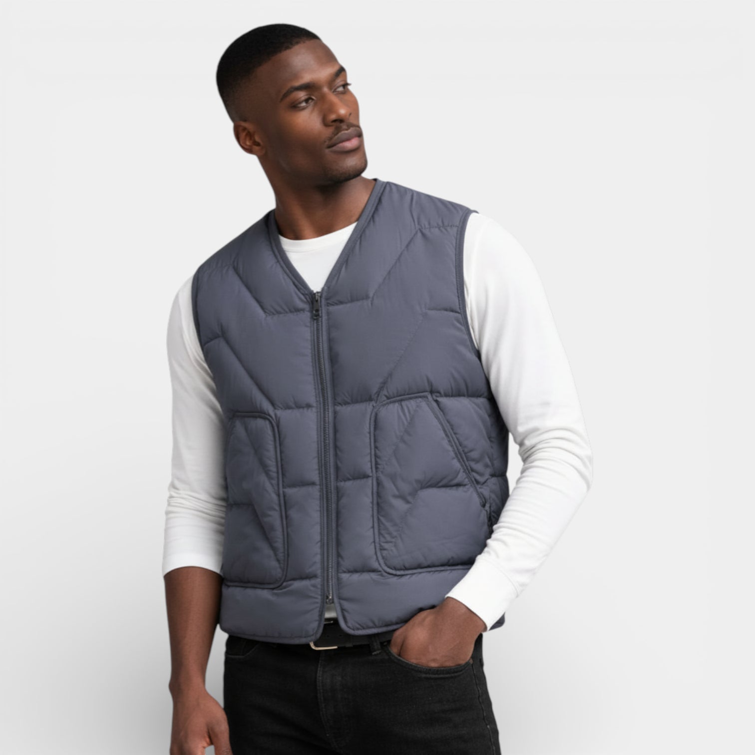 Quilted Zip-Up Puffer Vest V-Neck for Men