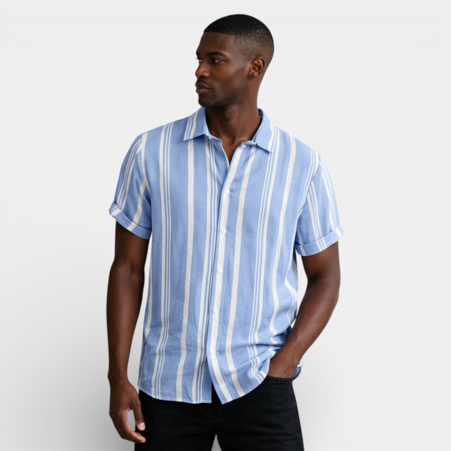 Button-Up Striped Tee Shirt Regular Fit for Men