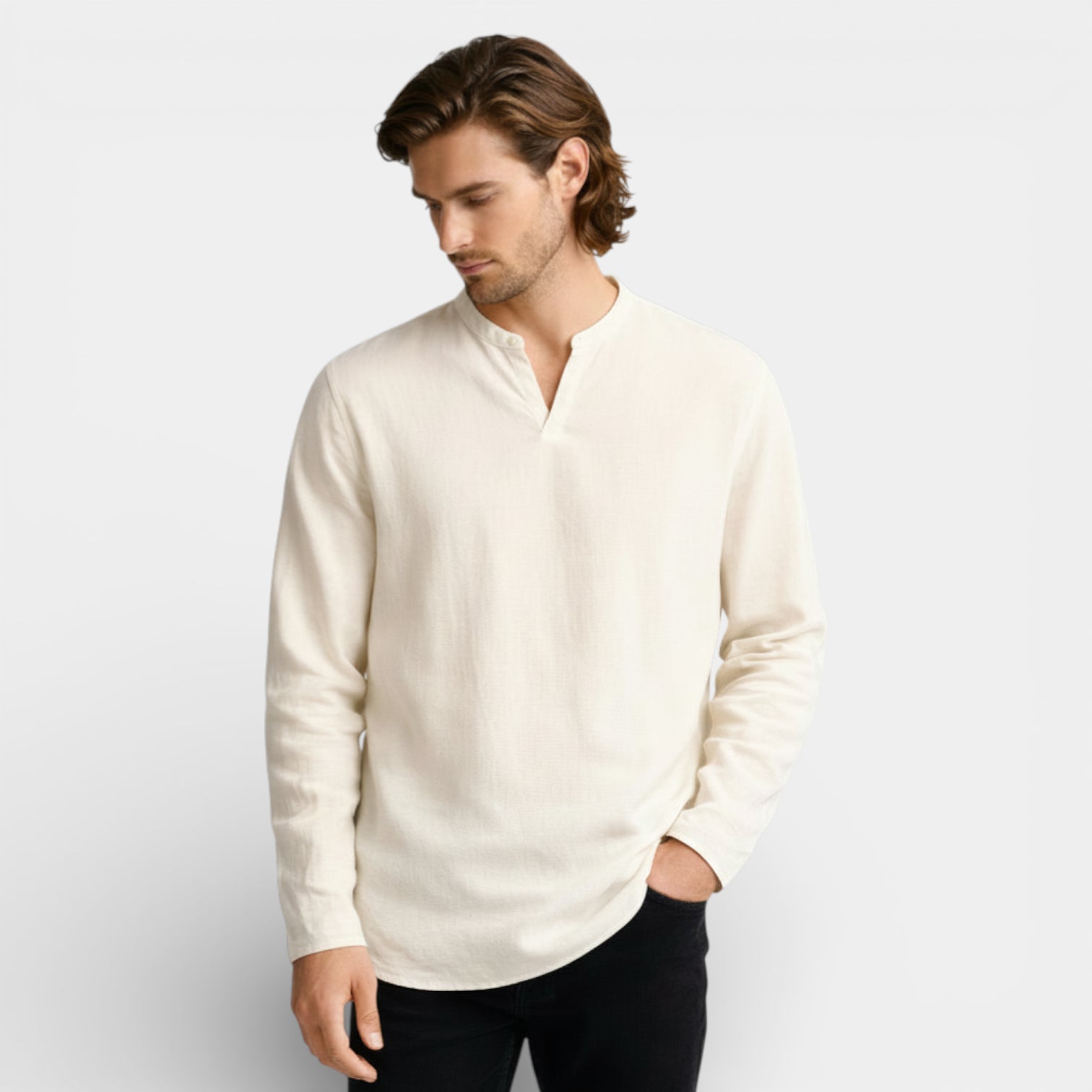Split-Neck Pullover Shirt Long Sleeve Regular Fit for Men