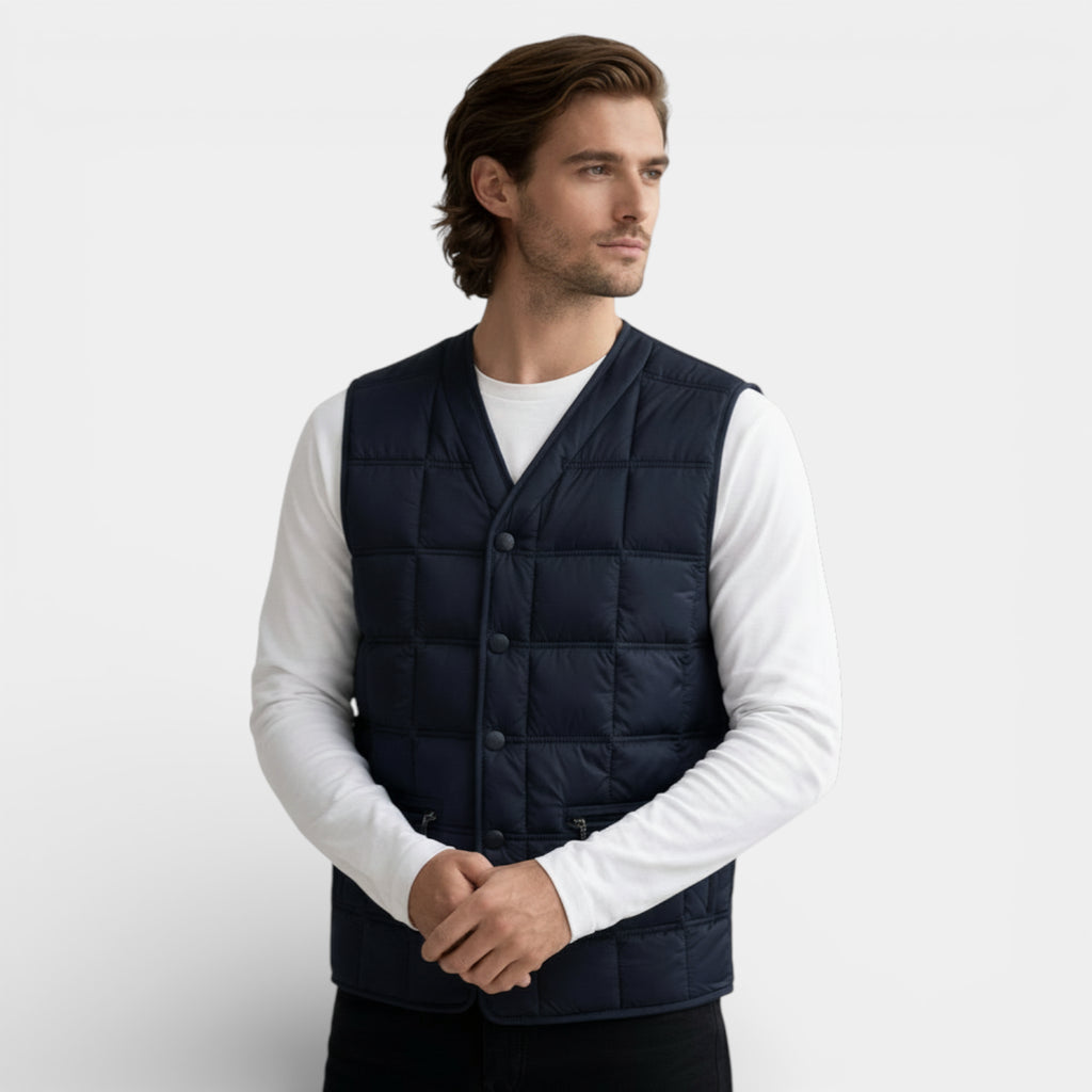 Button-Up Quilted Vest V-Neck Zip Pockets for Men