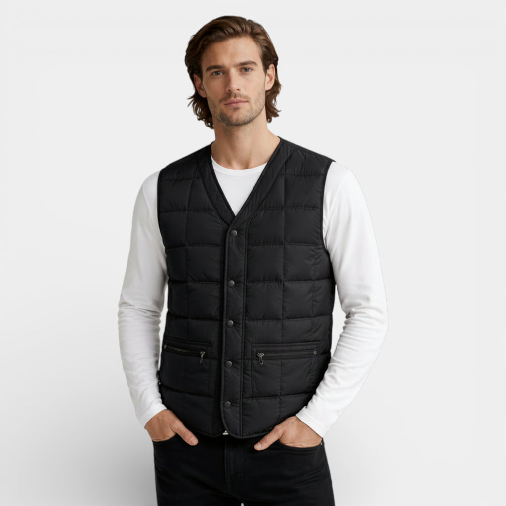 Button-Up Quilted Vest V-Neck Zip Pockets for Men