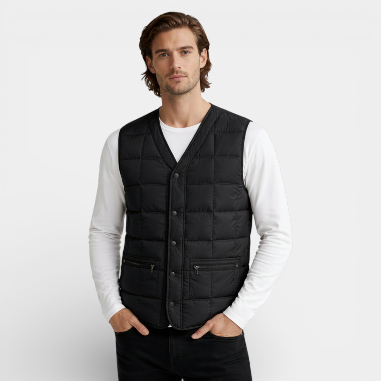 Button-Up Quilted Vest V-Neck Zip Pockets for Men