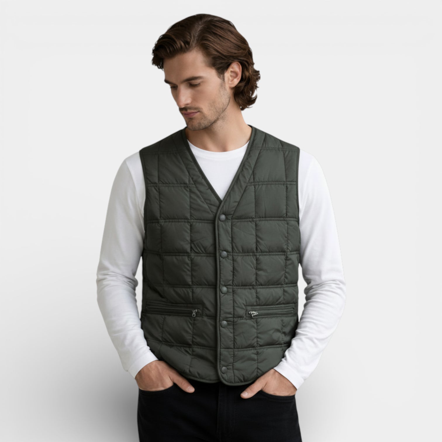 Button-Up Quilted Vest V-Neck Zip Pockets for Men