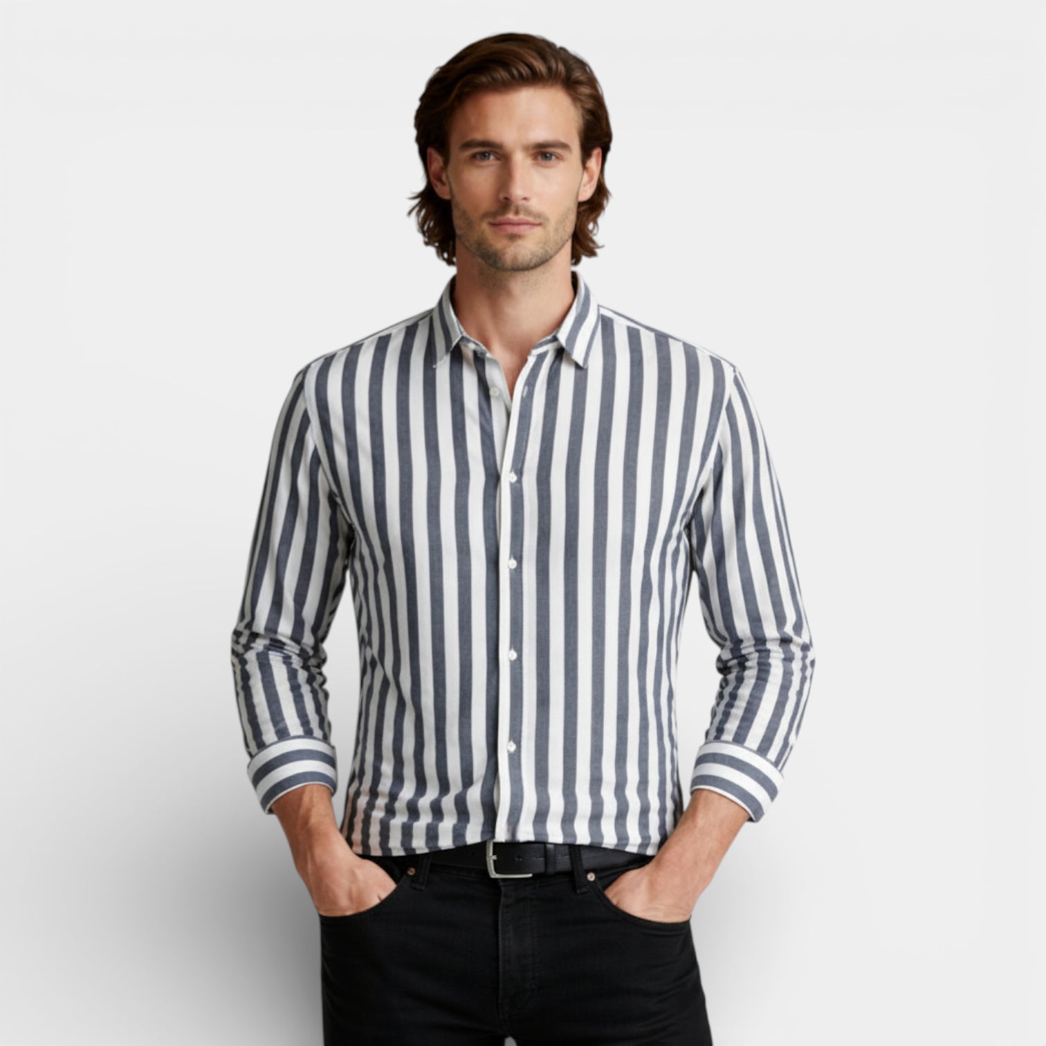 Striped Button-Up Shirt Long Sleeve Regular Fit for Men